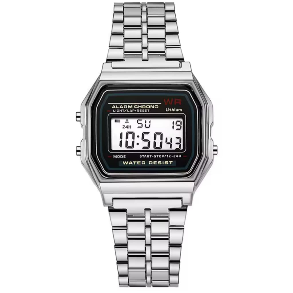 Relógio Digital Prata LED Unissex Masculino Feminino Retrô Aço Inoxidável Luxo Vintage