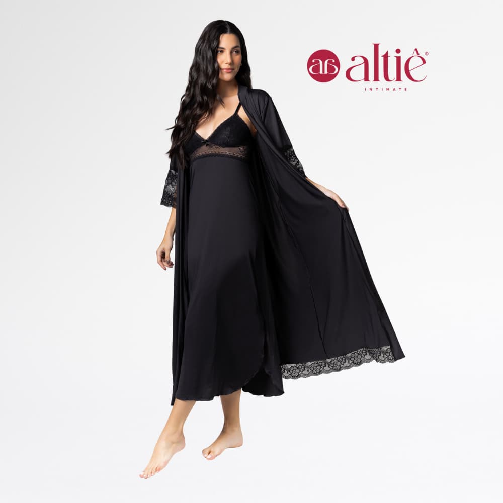 Kit Robe Longo e Camisola Longa Sensual Renda Conforto Feminino Luxo