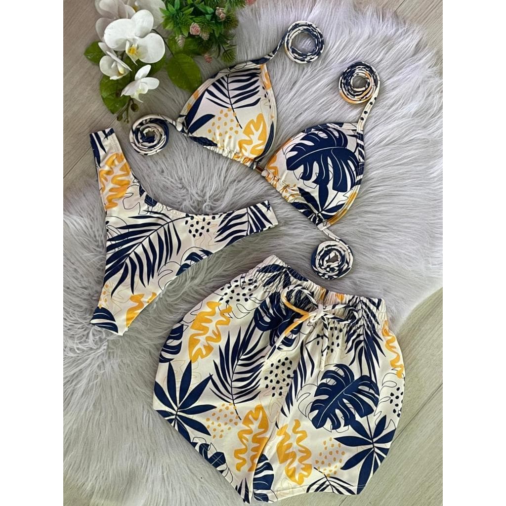 Conjunto Biquíni Cortininha + Shortinho | Look Feminino Praia Colorido Verão Adão Azul e Amarelo