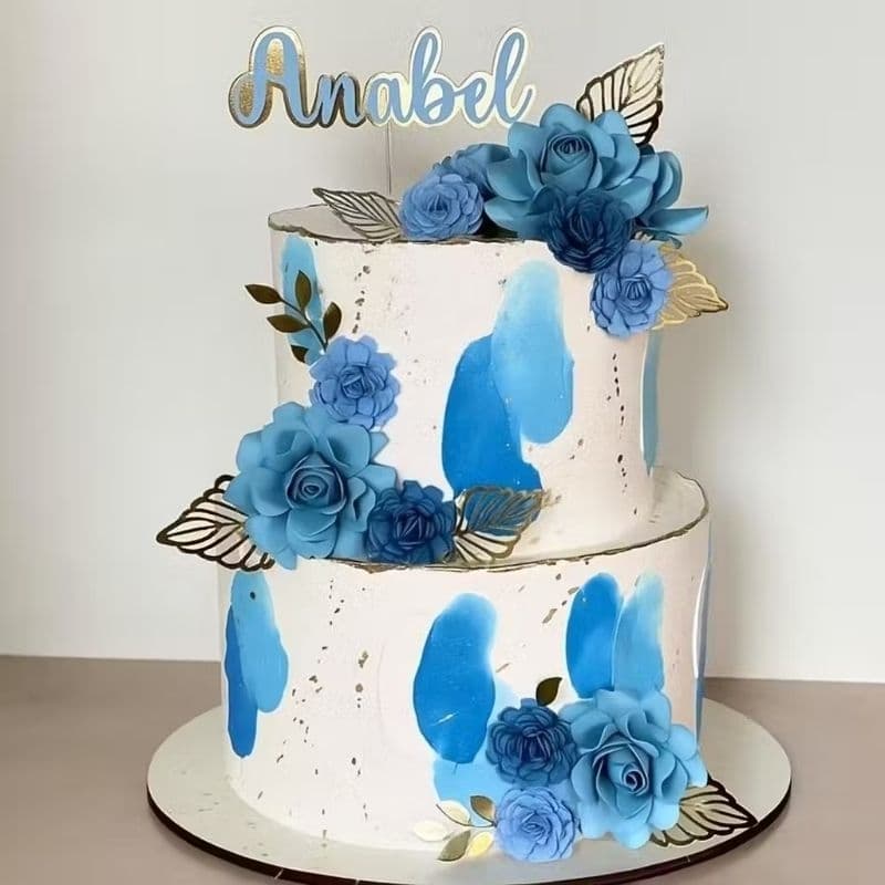 Topo de Bolo Personalizado com Nome + Arranjo de 10 Flores em Papel  – Dourado e Azul