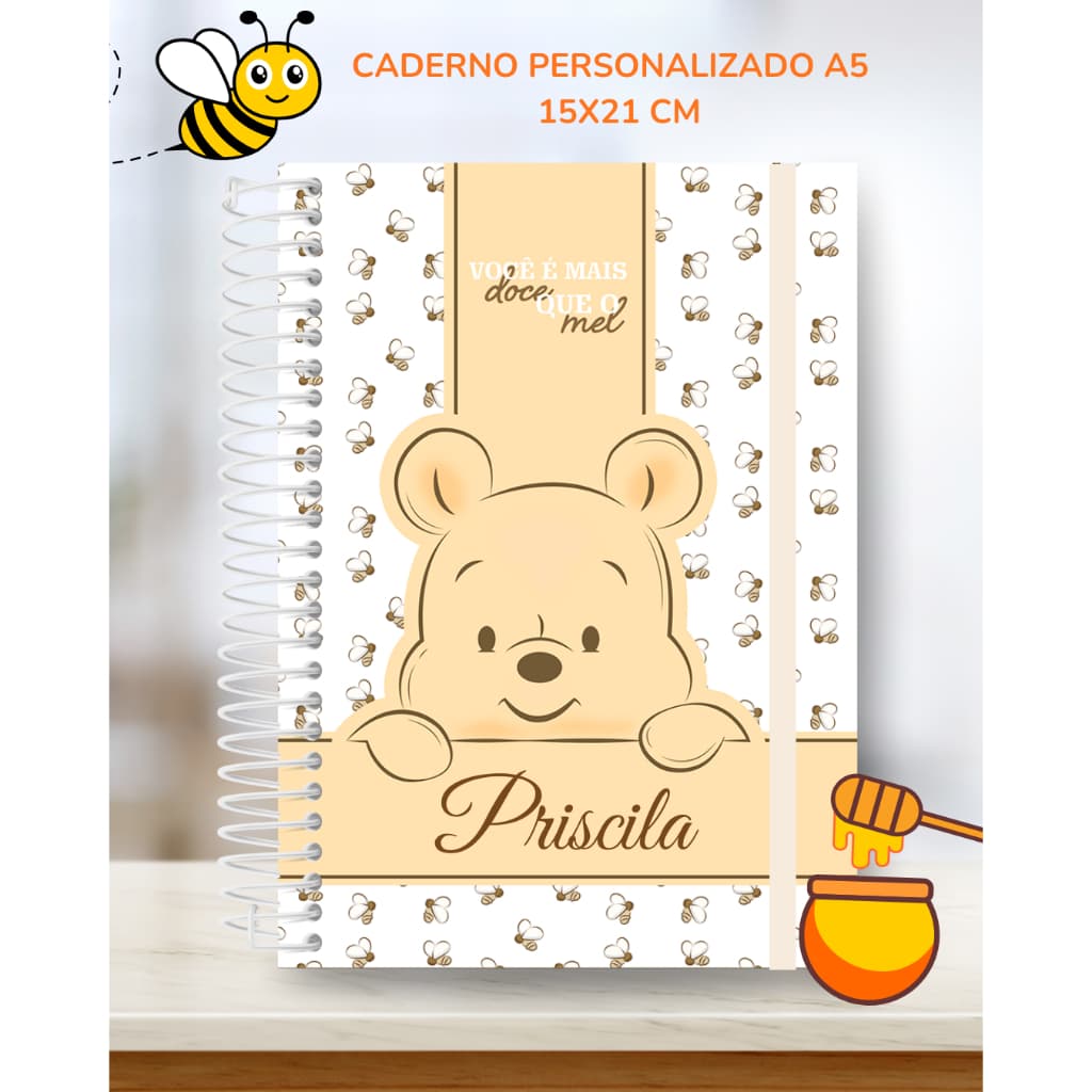 CADERNO PERSONALIZADO POOH 100 FOLHAS A5 COM NOME / CADERNO  POOH / CADERNO ANOTAÇÕES POOH COLORIDO/ AGENDA ESCOLAR