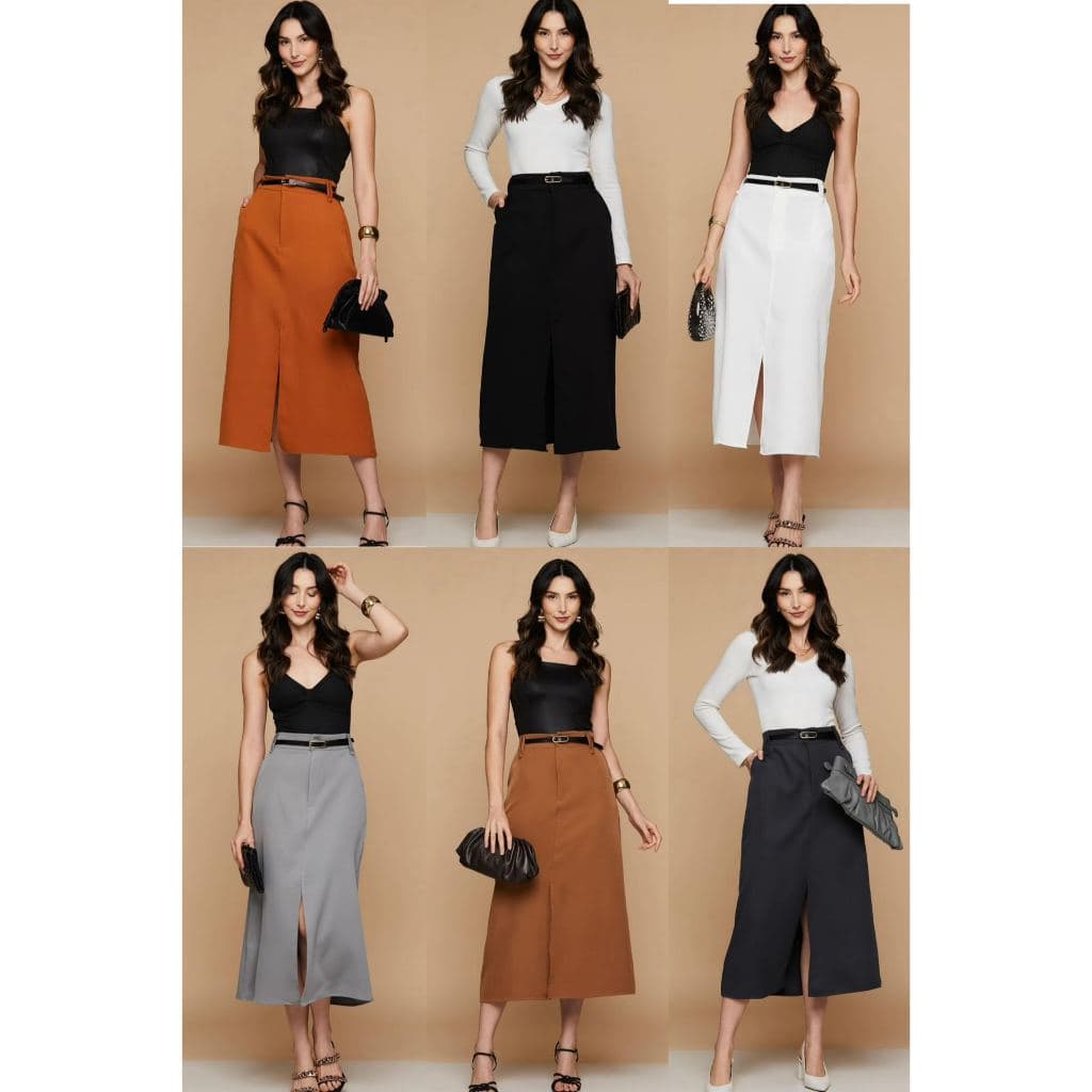Saia Longa Alfaiataria Moda Evangélica Tendência Feminino Com Cinto