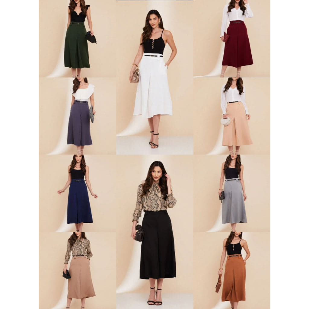 Saia Longa Alfaiataria Fit e Flare Moda Evangélica Tendência Feminino Com Cinto