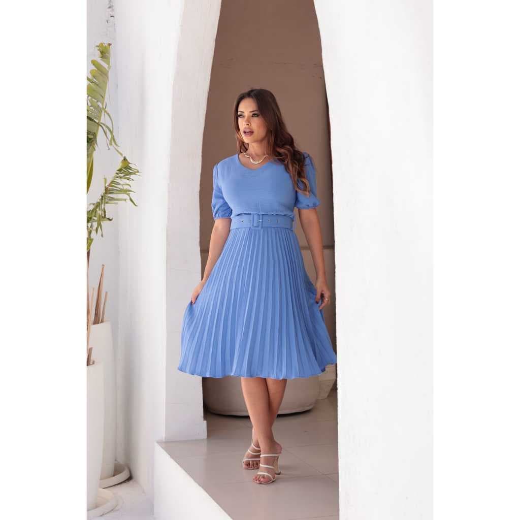Vestido Plissada Lisa Mídi Forrada Rodada Moda Evangélica Com Cinto Forrado Em Tecido Duna