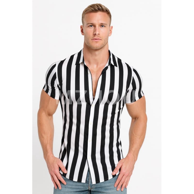 camisa manga curta listrada de botão tecido viscose respirável premium luxo verão