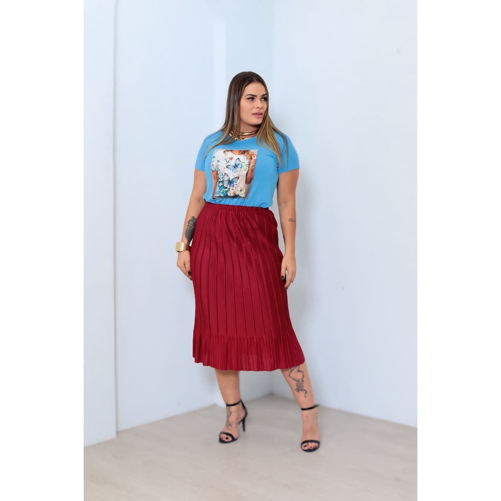 Saia Plissada Importada Fina Mídi Feminina Lisa Moda Evangélica Casual