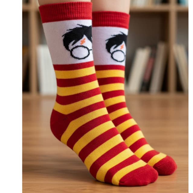 Meia Harry Potter Tematica Grifinólia Geek Bruxo Vermelha e Amarela Estampa do Personagem Confortavel e Estilosa Adulto