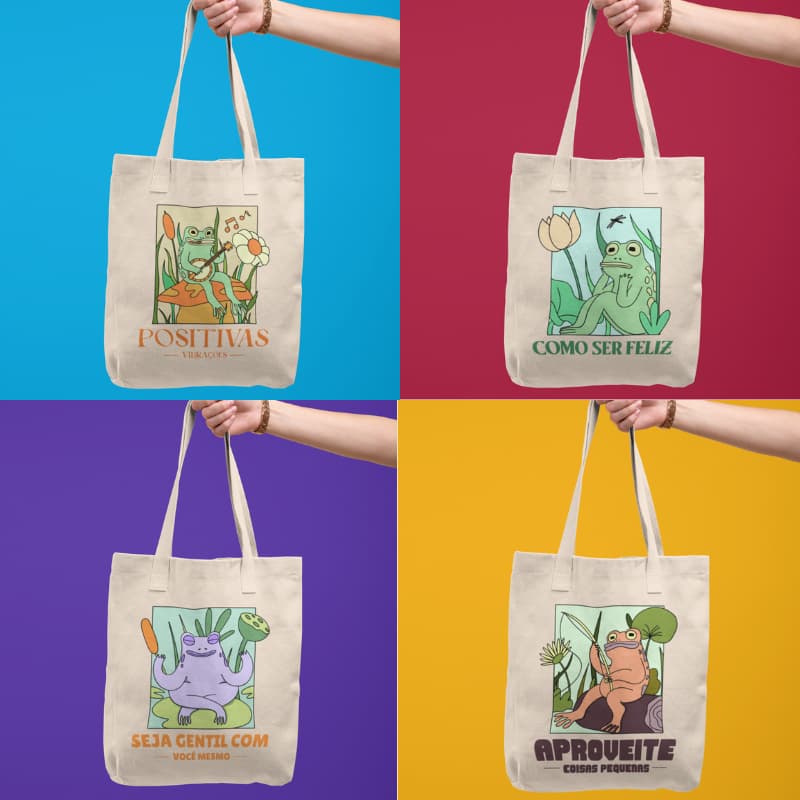 Sacola EcoBag Sapo Vibrações  4 Estampas Exclusivas  Algodão Reforçado  Estampa DTF Minimalista e Criativa | 32x40cm