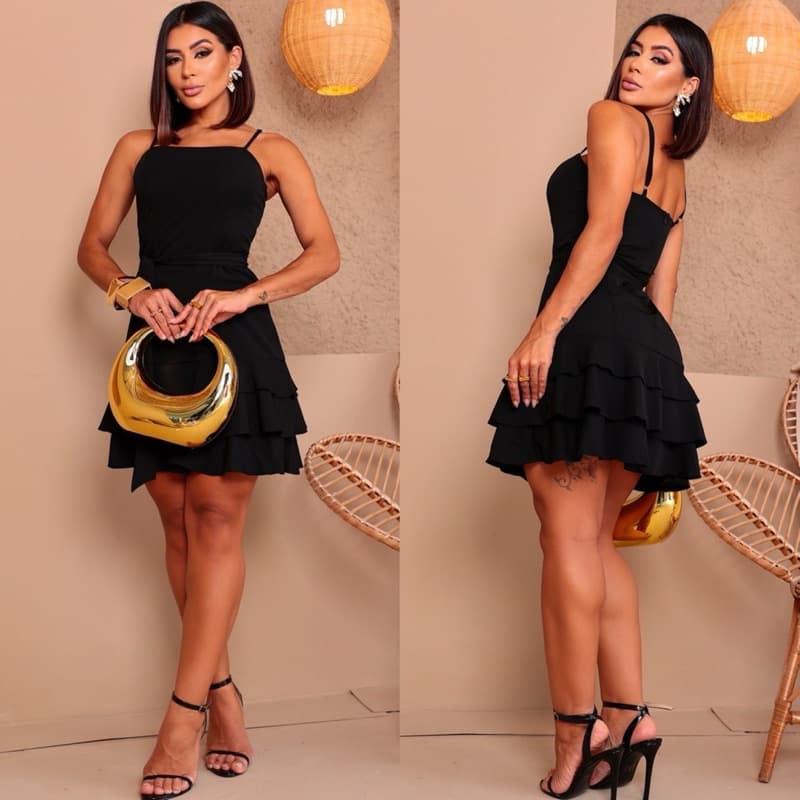 Vestido curto Três babados de cinto móvel bruna moda feminina elegante tendência