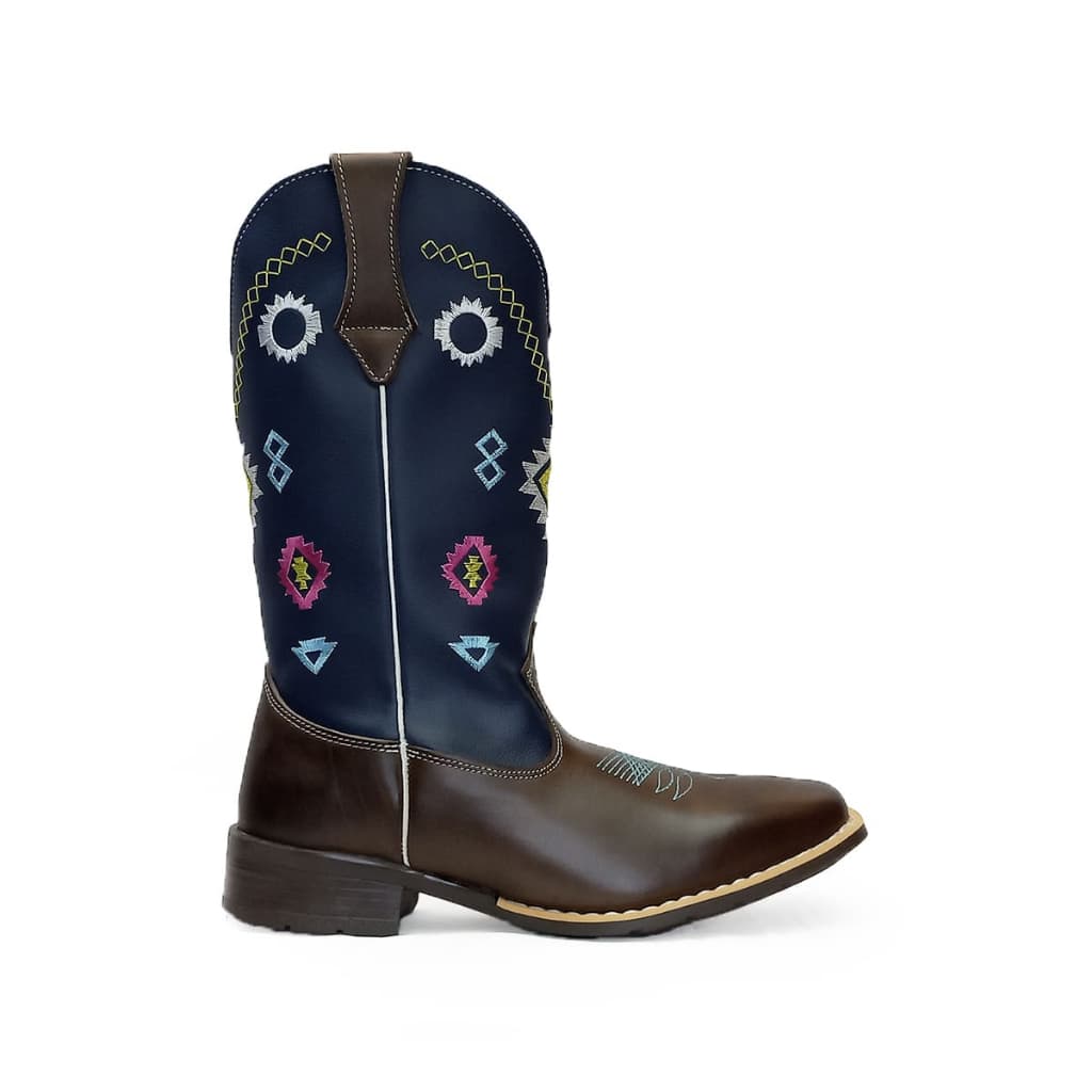 Bota Texana Feminina Cano Longo Marrom em Couro Legítimo com Bordado Floral Azul Kapell