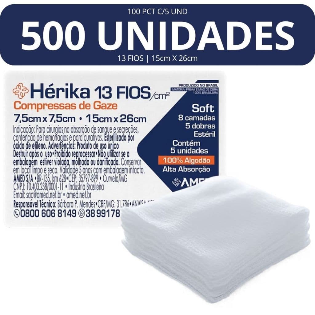 Kit Compressas de Gaze Estéril Hérika 13 Fios/CM2 100 Pacotes Com 5 Unid cada (500)