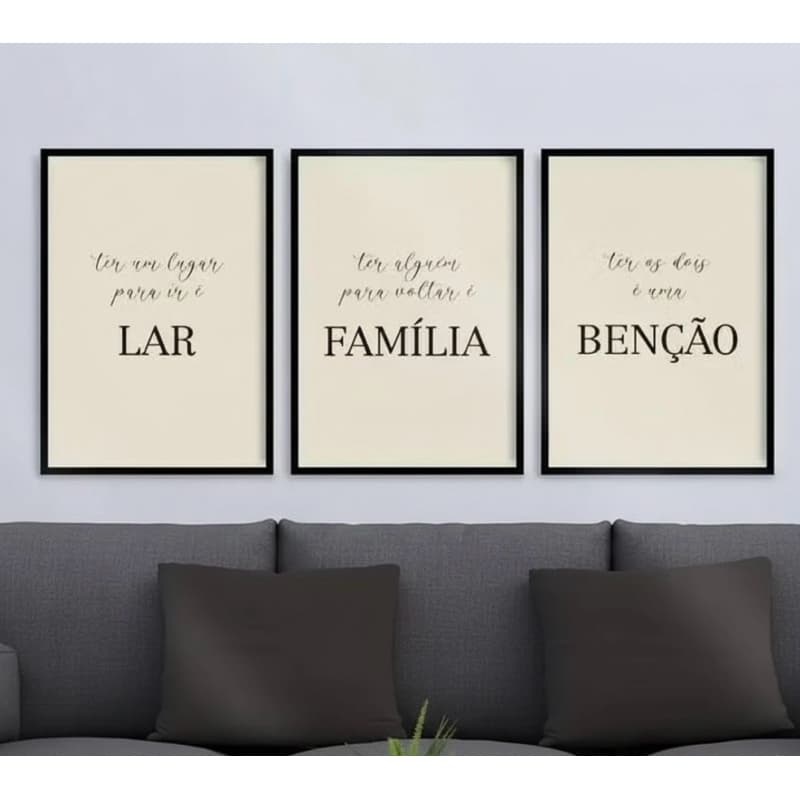 Kit 3 Quadros Decorativos Frases Lar Família Benção Minimalista Sala Quarto