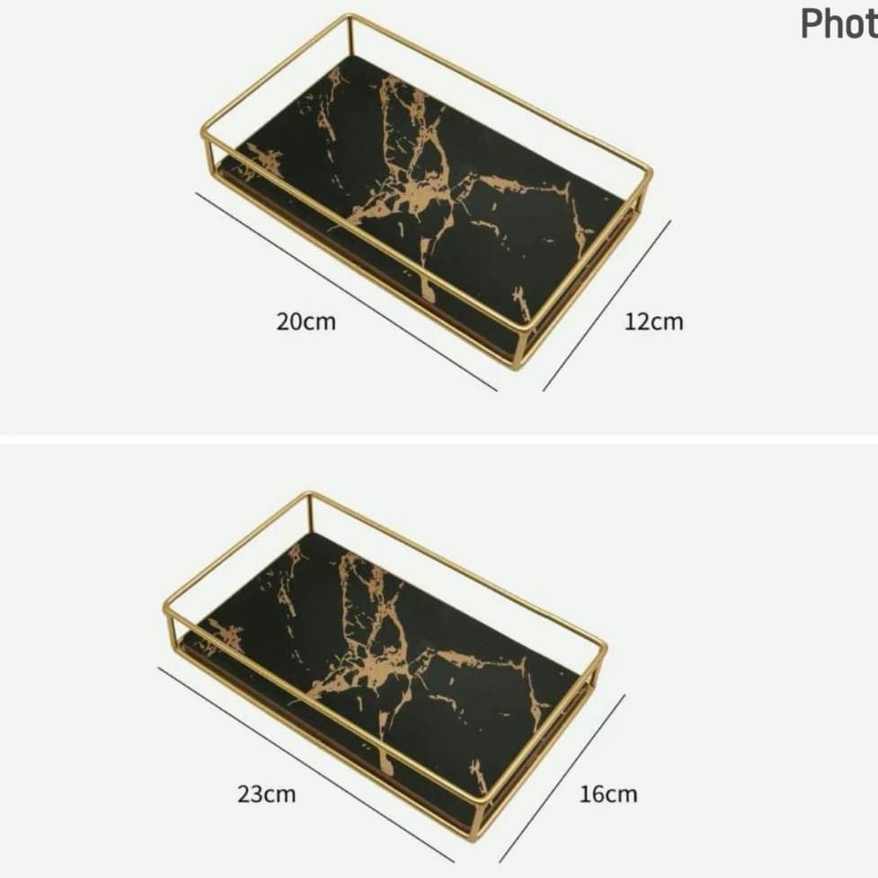 Bandeja Retangular Decorativa Luxo Mármore Preto com Dourado