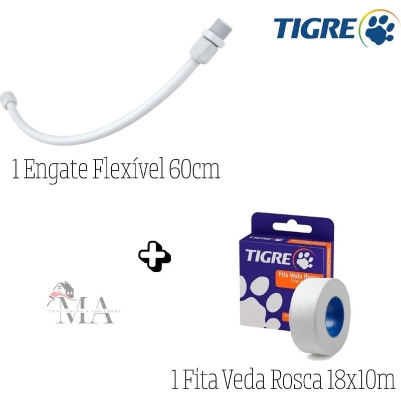 Kit 1 Engate Flexível Rabicho 1/2 x 40cm, 50cm e 60cm + 1 Fita Veda Rosca 18mm x 10 metros Tigre