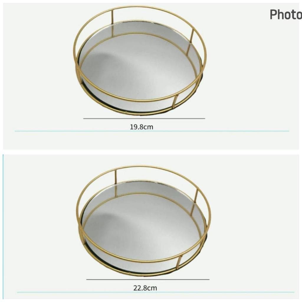 Bandeja Redonda Decorativa de Metal Dourado com Espelho – Luxo e Sofisticação
