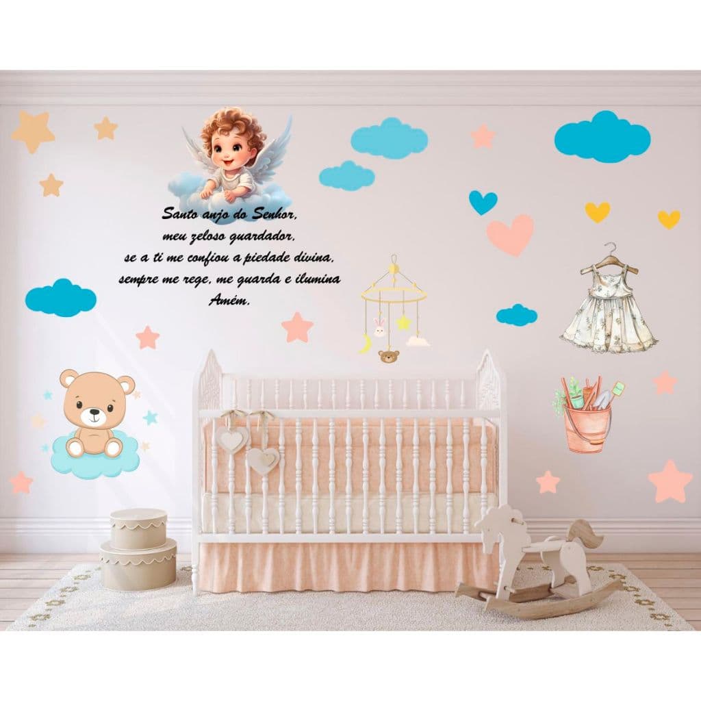 Adesivo de Parede Colorido Frase Oração Santo Anjo do Senhor Meu Zeloso Guardador Anjinho