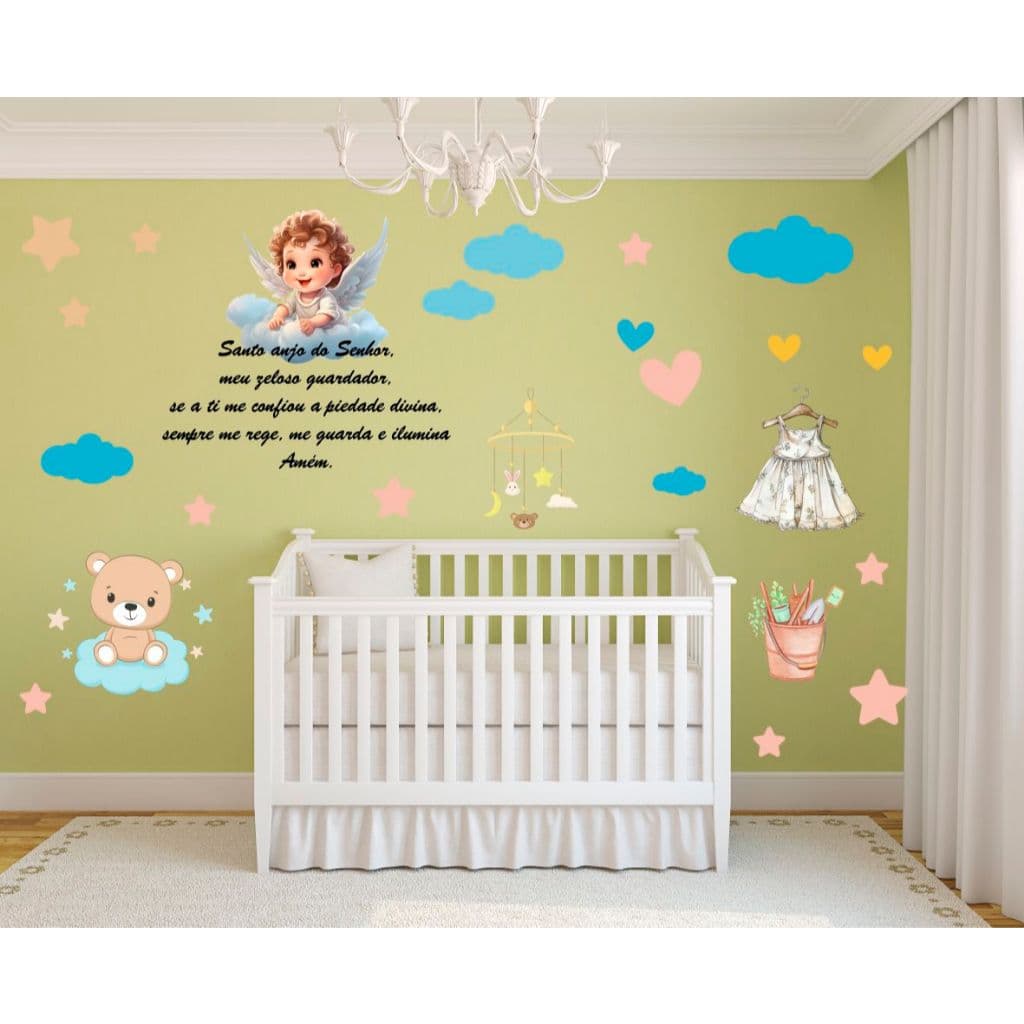 Adesivo de Parede Colorido Frase Oração Santo Anjo do Senhor Meu Zeloso Guardador Infantil