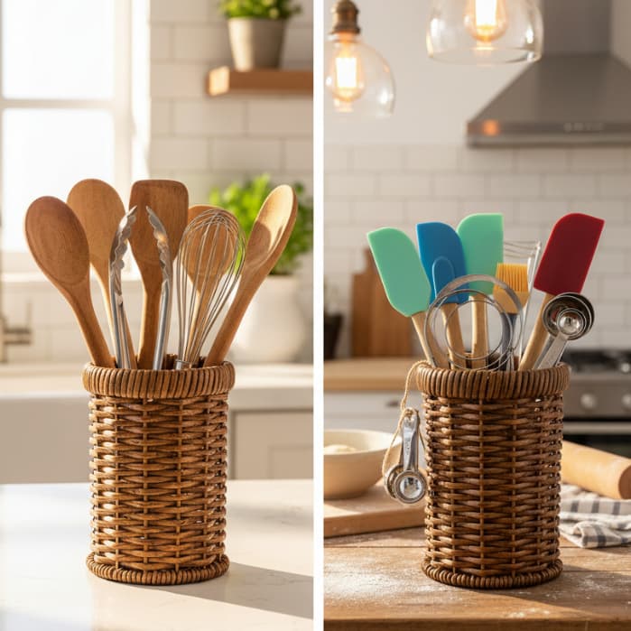 Porta Utensílios Sintético Organizador de Cozinha, Porta Talheres, Cesto Trançado Decorativo