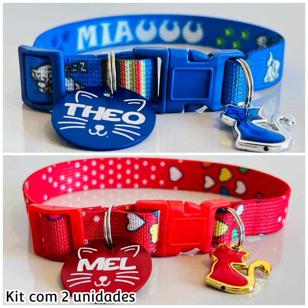 Kit c/ 2 coleiras para gato antienforcamento com nome e telefone personalizado