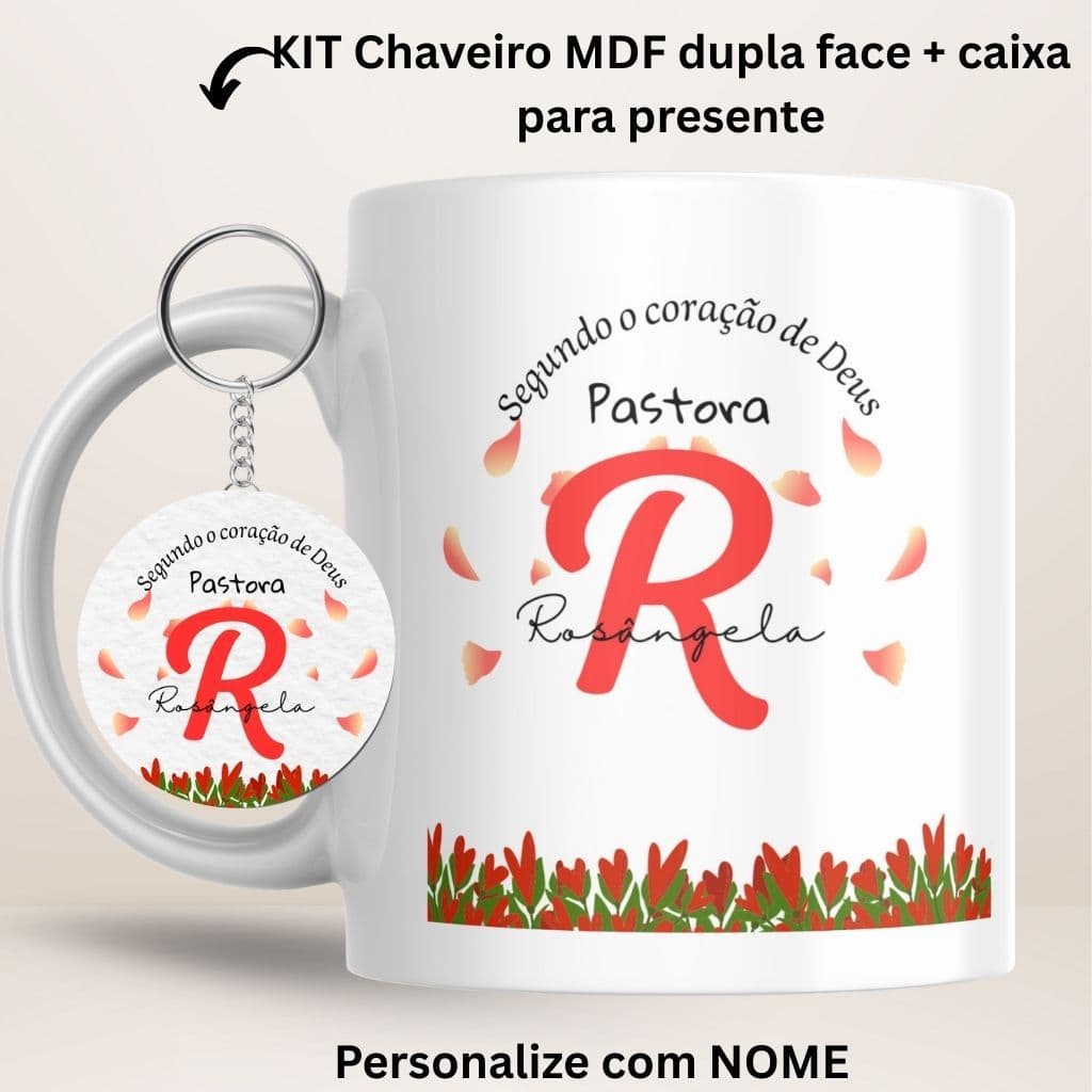 Caneca Personalizada  Pastora nome e frase+ Chaveiro MDF+ caixa coração | Presente Evangélico