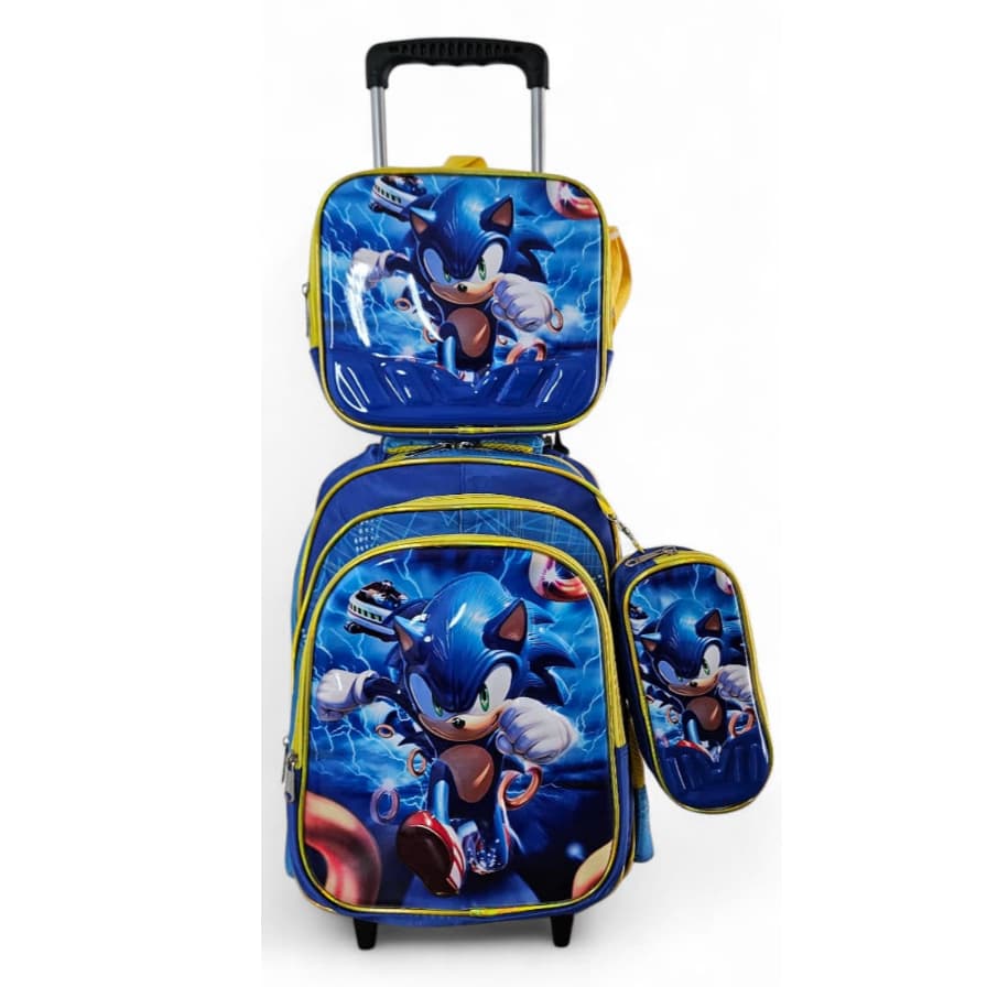 Kit 3 pçs Mochila Escolar Infantil com Rodinha SONIC mochila ,lancheira, estojo 3D