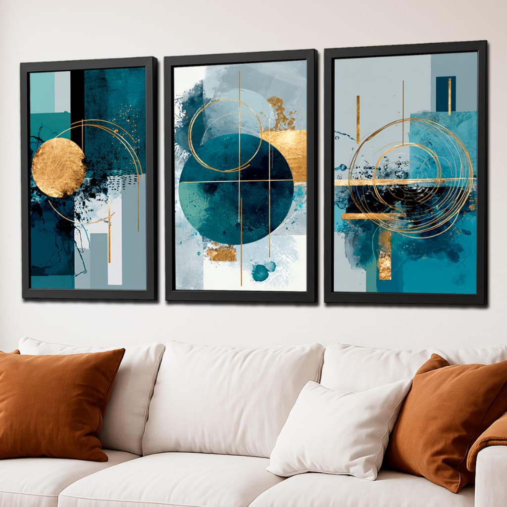 Trio Quadros Decorativos Geometrico Abstrato Luxo Moderno Decoração Sala Quarto