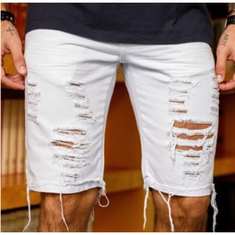 Berrmuda Jeans Masculina Branca Rasgada Com Lycra , Estilo e Conforto Moda Casual
