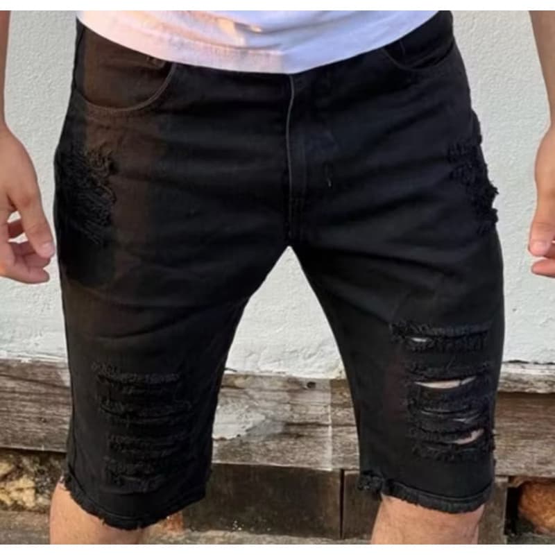 Bermuda Jeans Masculina Preta Rasgada Com Lycra , Estilo e Conforto Moda Casual