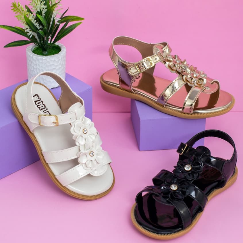 Sandália Infantil Menina Flor Strass Delicada Verniz Confortável Casual Promoção Festa Final de ano