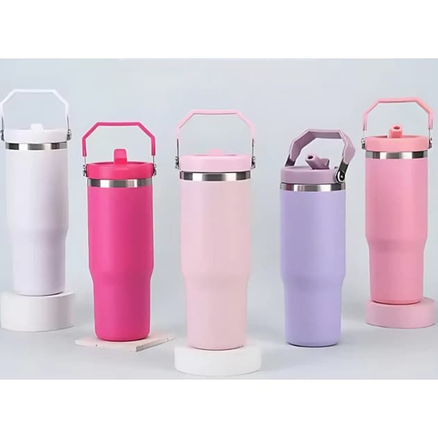 Novo Copo Térmico Inox 600 ml Tampa na Cor do Copo Alça Canudo Térmica Inoxidável Lindo presente