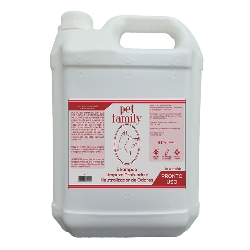Shampoo Pet Limpeza Profunda e Neutralizador de Odores Pet Family 5L