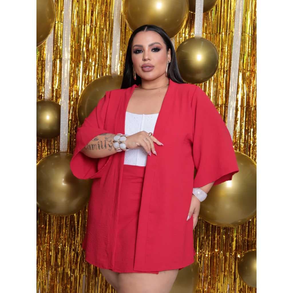 Conjunto Feminino plus size de Kimono e Short casual elegante tecido Duna nao amassa moda grande  48 ao 56