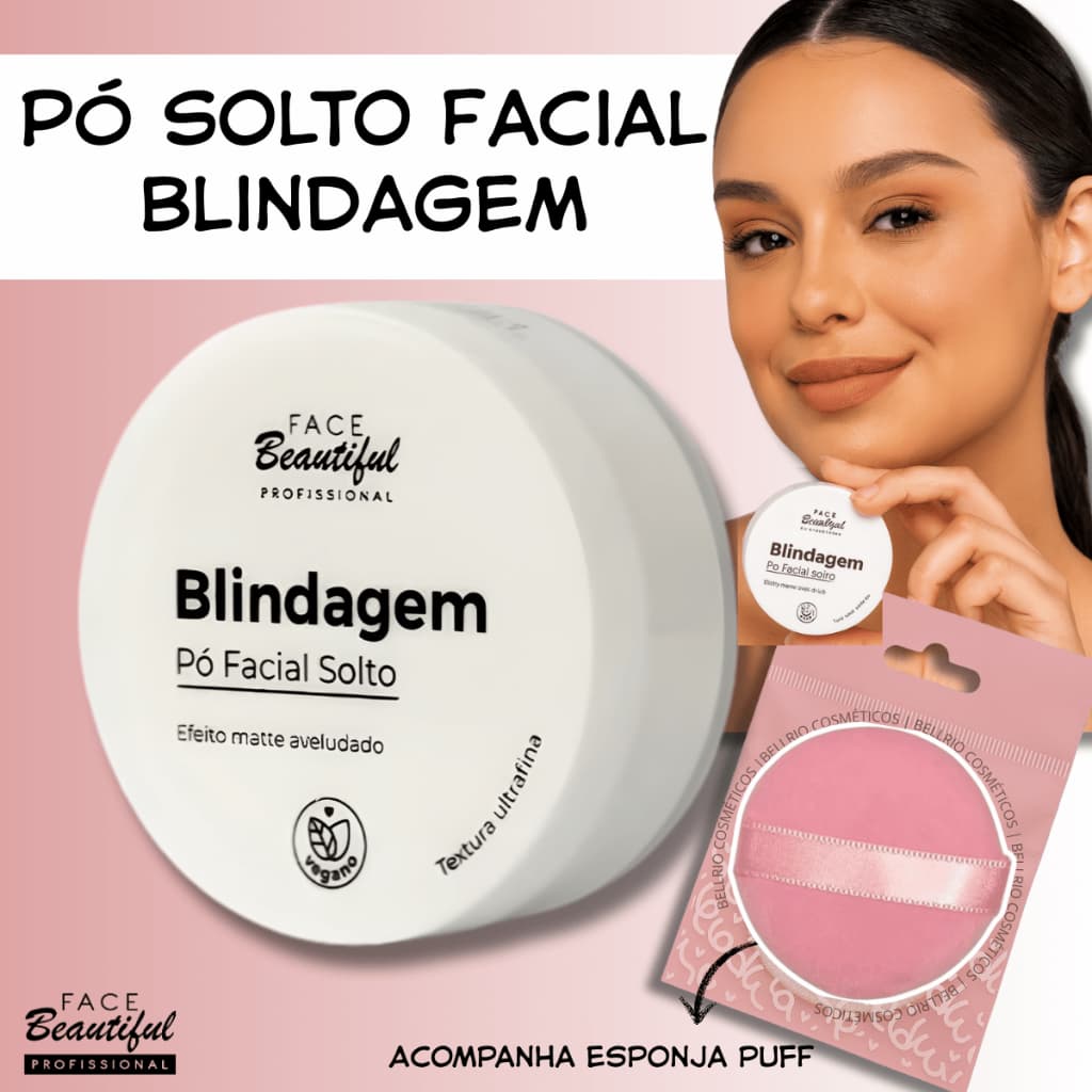 Pó Solto Facial Blindagem com Esponja Puff Maquiagem Face Beautiful 10g