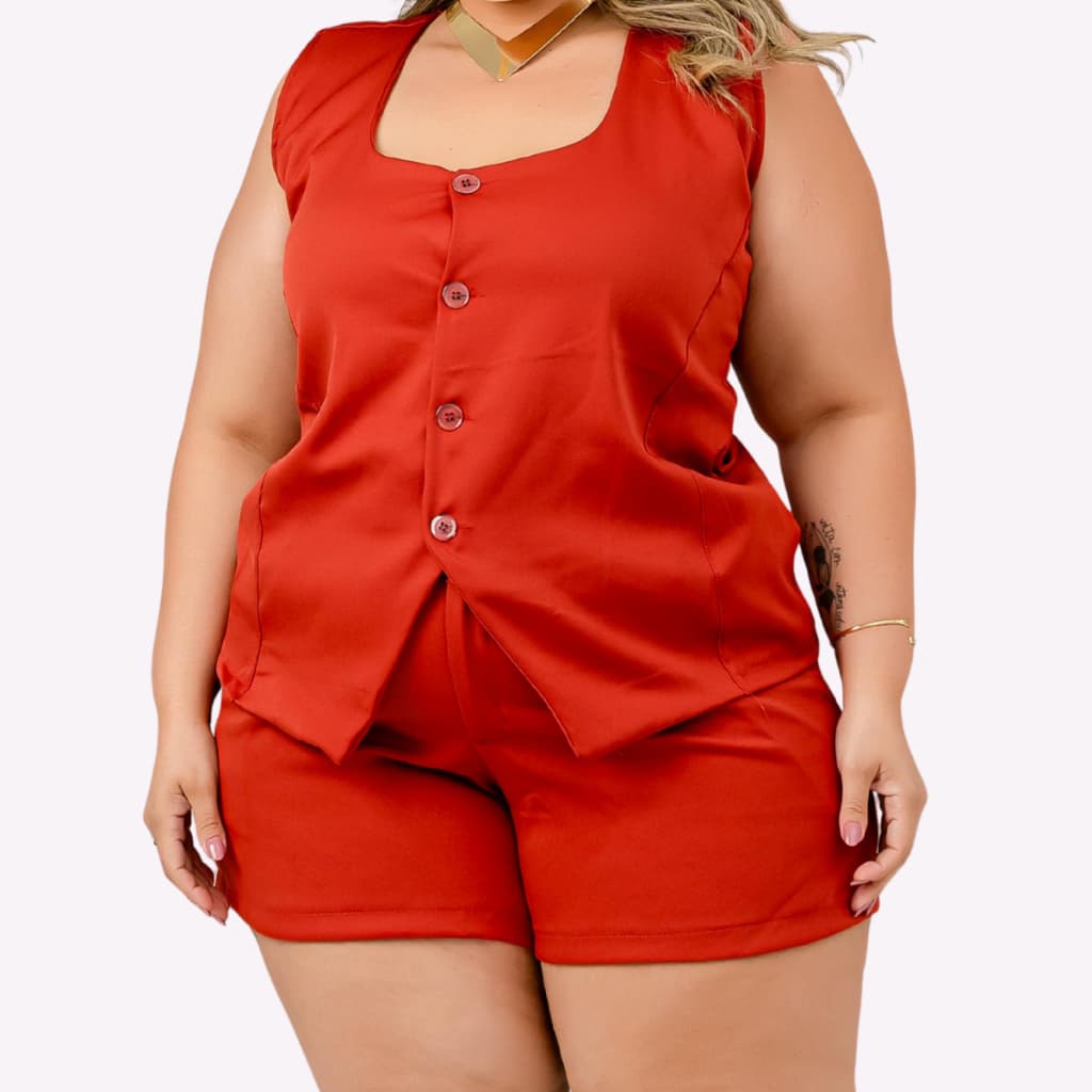 Conjunto Feminino Plus Size Blusa Regata com Botões e Short com Elastico
