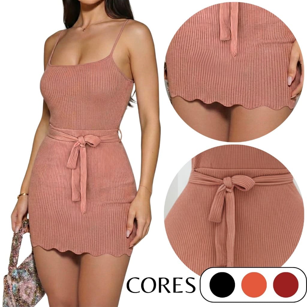 Vestido Midi Coladinho Com Amarração Malha Canelada Curto Delicado Tubinho Estica Alça Fina Elegante