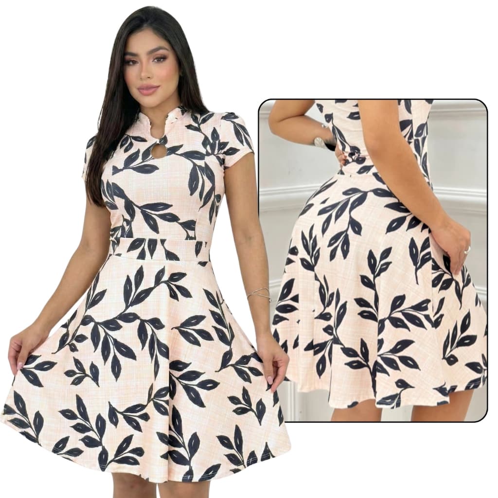 Vestido Feminino Midi Estampado Soltinho Rodado Elegante Floral com Decote Gota e Gola Padre Verão