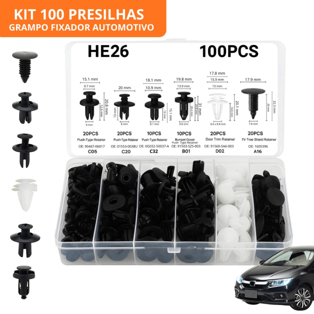 Kit 100 Presilhas Automotivas Universais + Estojo Organizador – Fixação para Parachoque e Parabarro