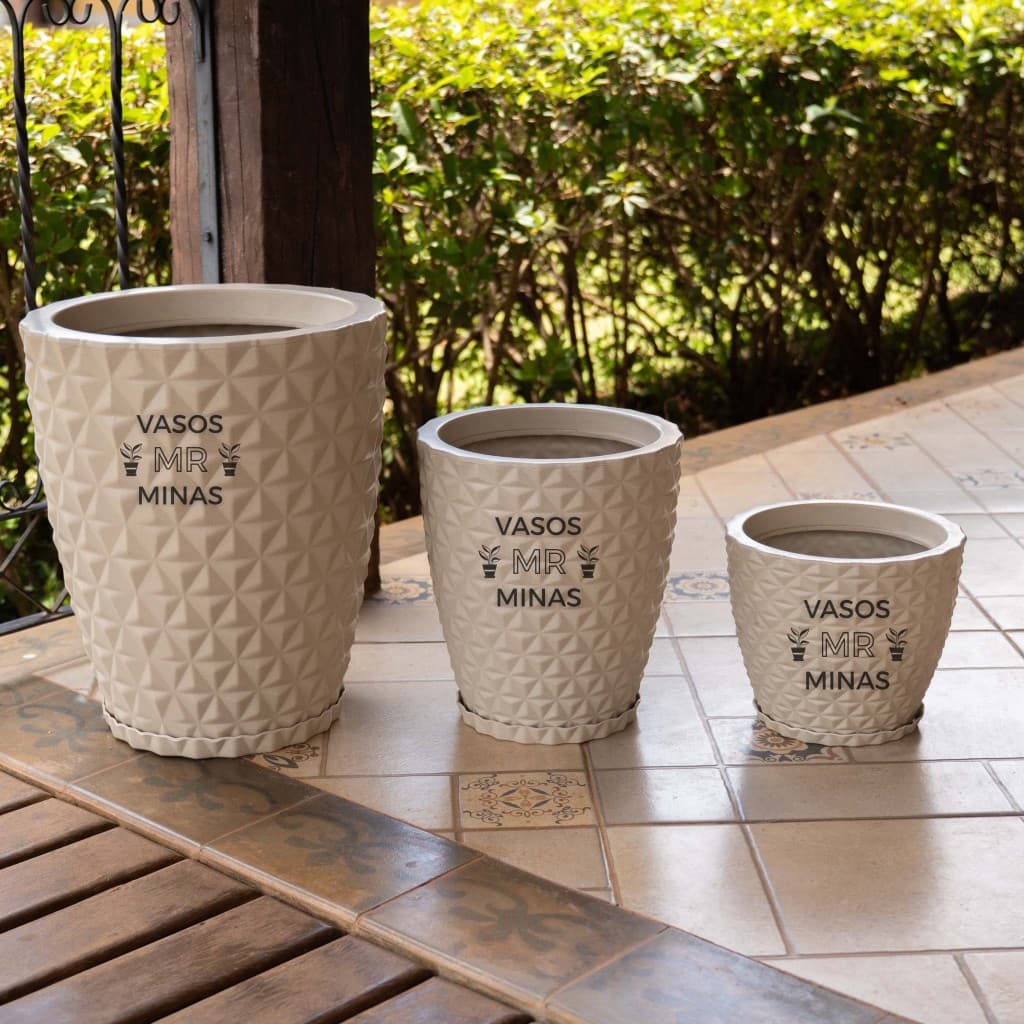 Kit 3 Vasos Planta  Diamante – Com Pratos, Leves, Resistentes – Interno e Exrterno