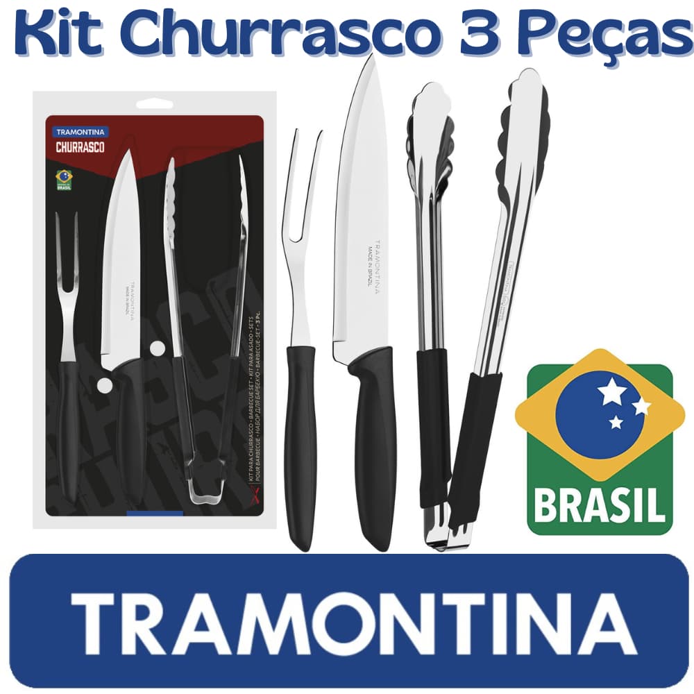 Kit para Churrasco Tramontina Plenus 3 Peças com Lâminas em Aço Inox e Cabos de Polipropileno Preto