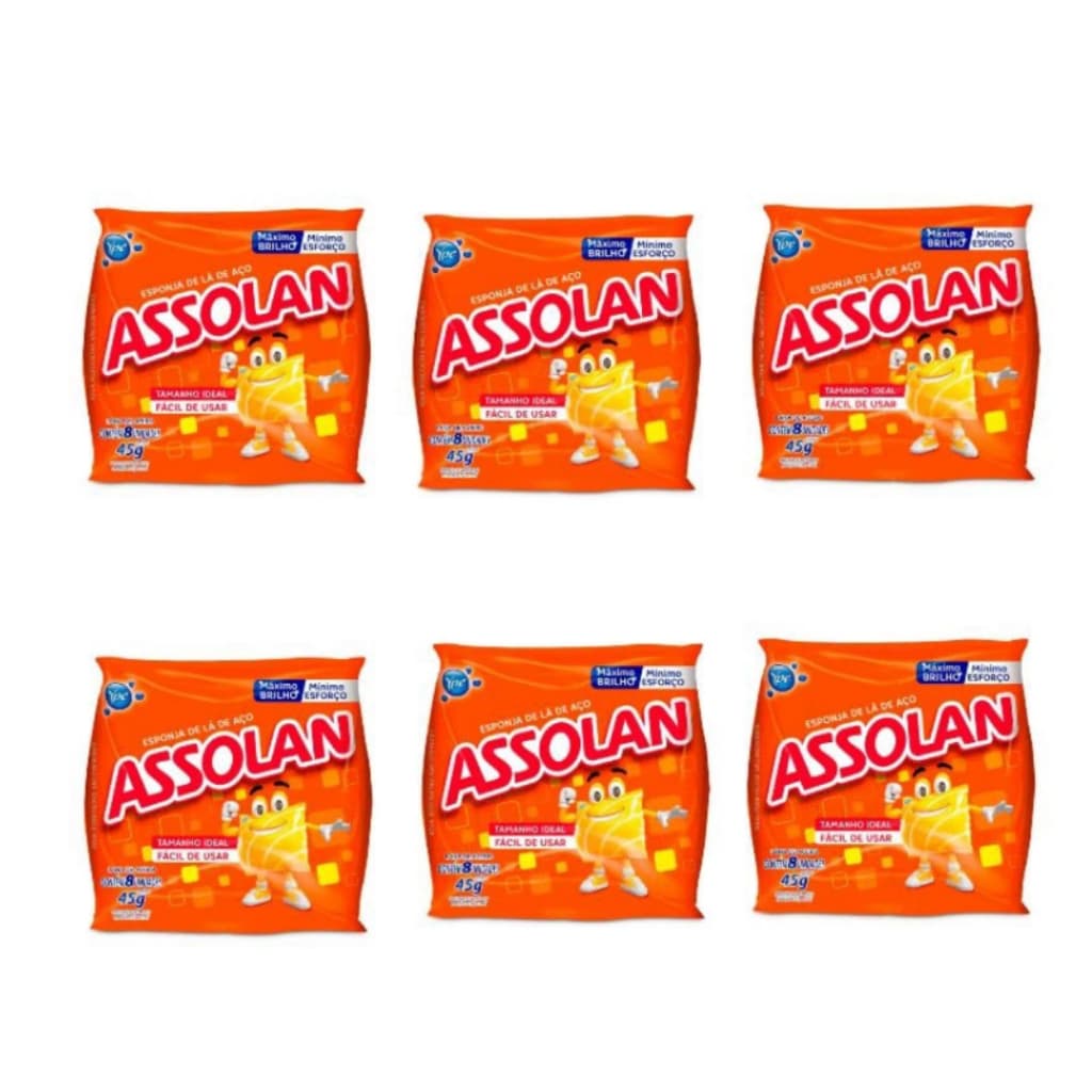 Kit 6 Esponja de Aço Assolan 45g Original | Limpeza Pesada Cozinha e Geral