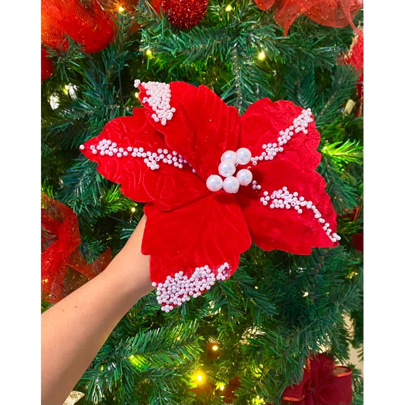 kit 2 Flores de Natal Bico de Papagaio Veludo Para Arranjo Natalino, Folhagens Decorativas Arranjos de Luxo Guirlandas