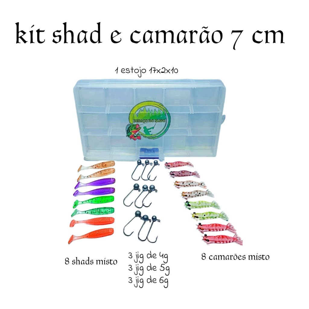 kit camarão e shad 7 cm 26 unidades para pesca de robalo tucunaré corvina xarél .....