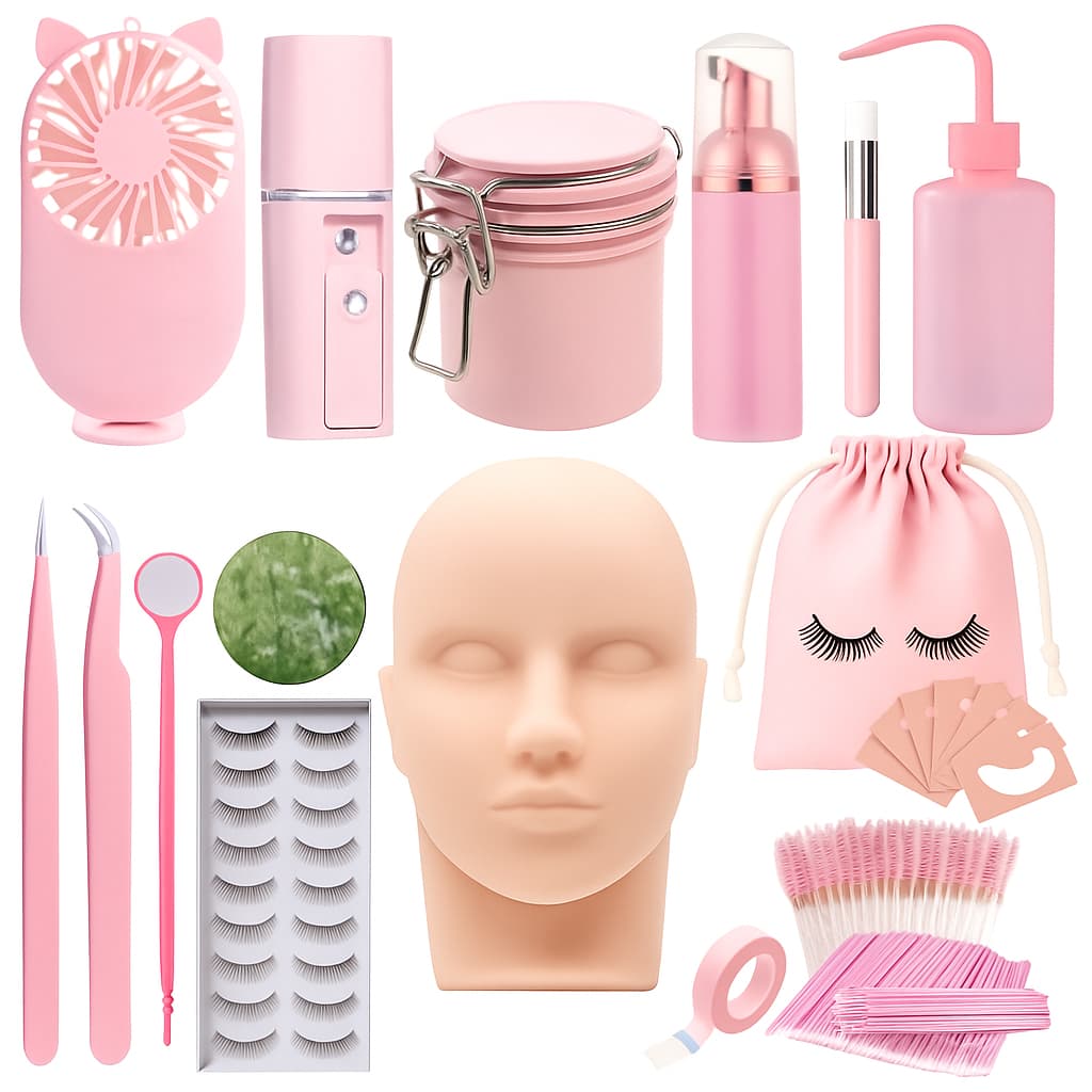 Kit Treino Extensão de Cílios Completo com Rosto Silicone, Cílios, Ventilador, Nano e Acessórios