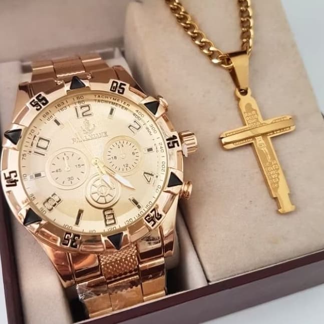 KIT RELÓGIO MASCULINO PROVA D ÁGUA + CORRENTE MASCULINA DE CRUZ BANHADO A OURO 18K AÇO INOXIDAVEL A1