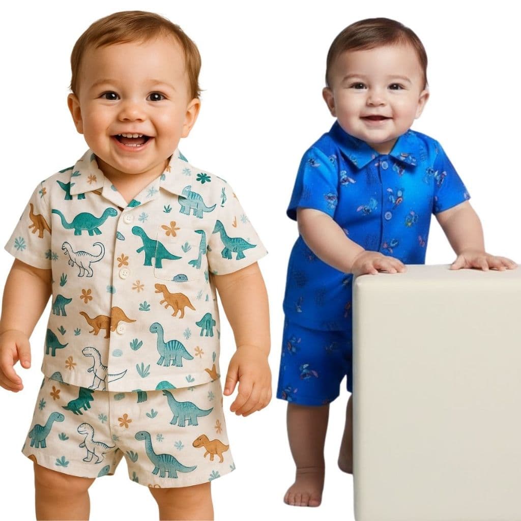 Roupa Infantil Menino – Conjunto Tactel Estampa Dinossauros Ou Desenhos Animados  Kit 2 Peças Blusa + Bermudinha