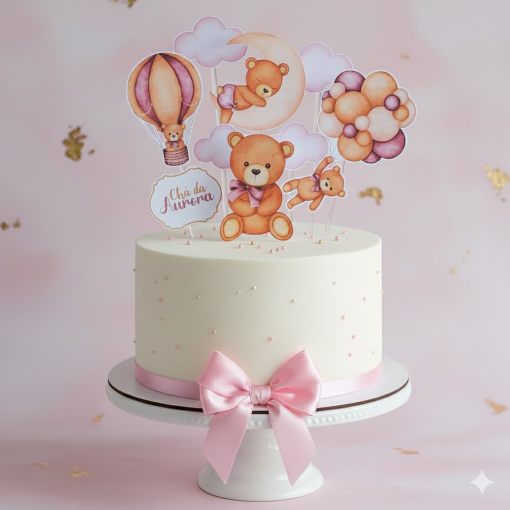 Topo de Bolo Ursinha Baloeira Rosa Personalizado Nome e Idade + 10 Toppers de Doce Chá de Bebê Revelação e Mesversário