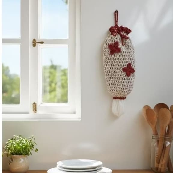 Puxa Saco Artesanal Crochê/Tricot 18x34cm – Bordado, Porta Sacolas borboletas Chique