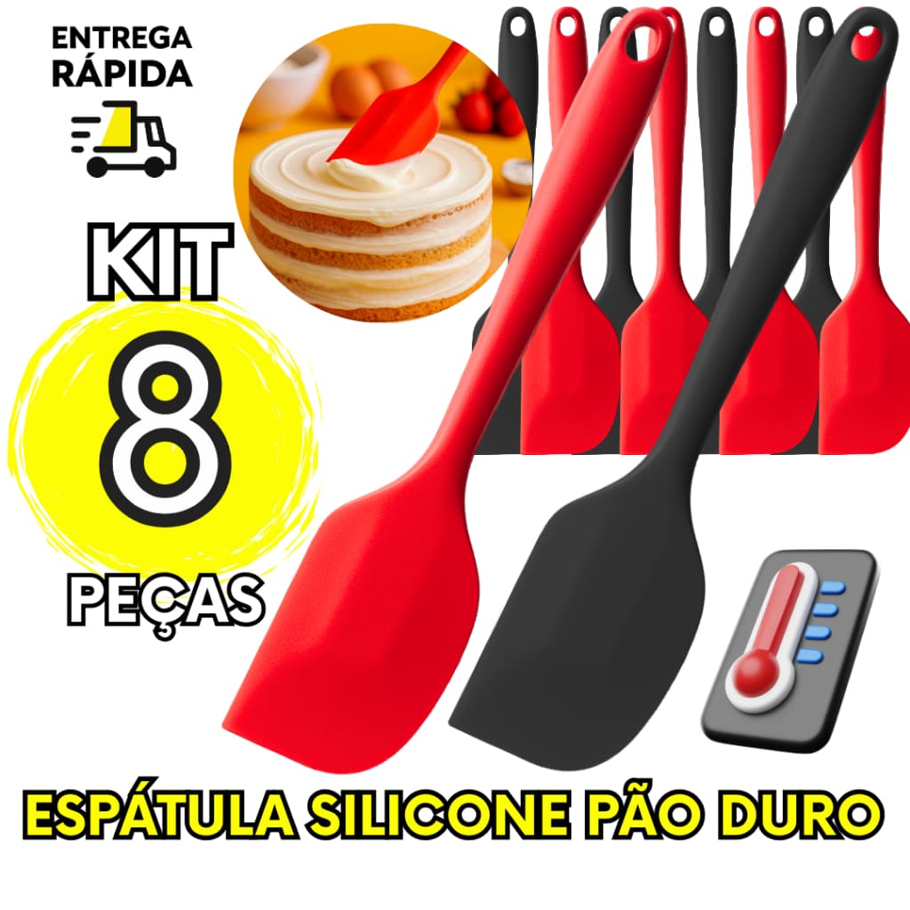 Kit 8 Espatula De Silicone Pao Duro Resistente Calor Ideal Para Bolos Doces Massas Utensilio Cozinha