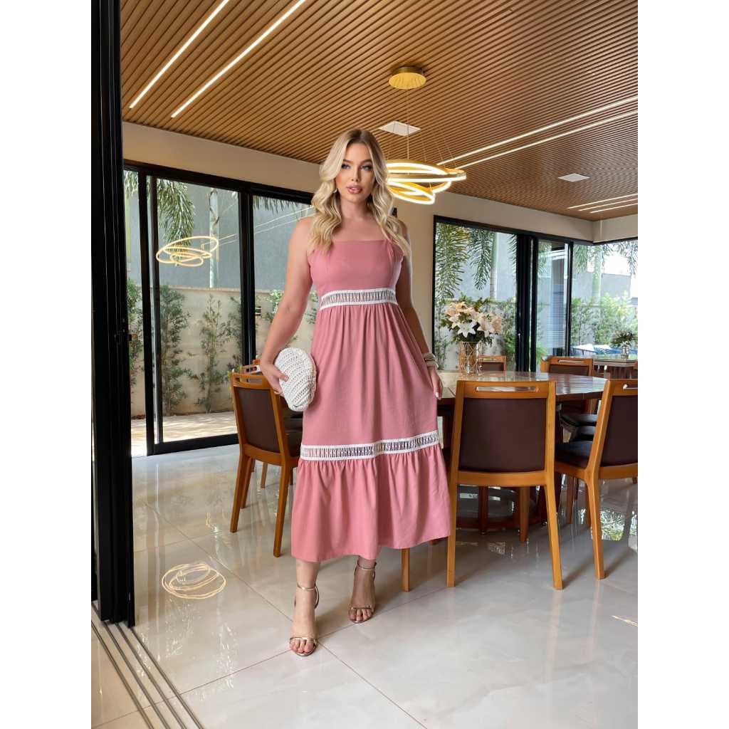 VESTIDO FEMENINO DE LINHO MIDI COM RENDA E ELASTEX MODA VERÃO PRIMAVERA ELEGANTE