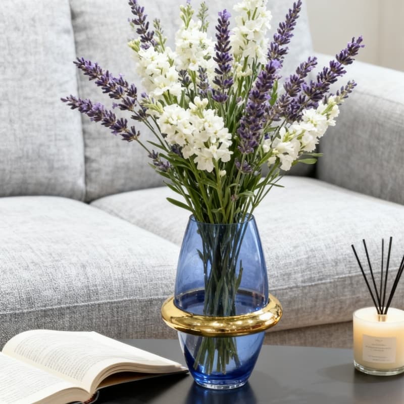Vaso Decorativo Vaso Azul para Flores com Detalhe Dourado Vaso de Mesa Decoração Moderna